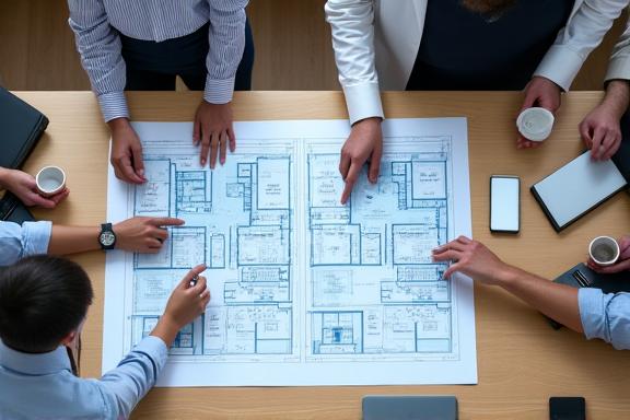 A team reviewing architectural blueprints for a community housing project
