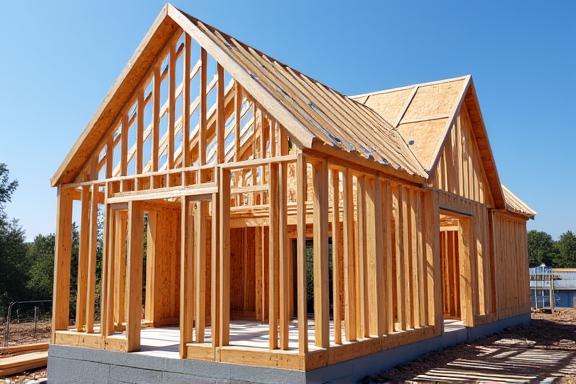 The wooden frame of a new custom home under construction
